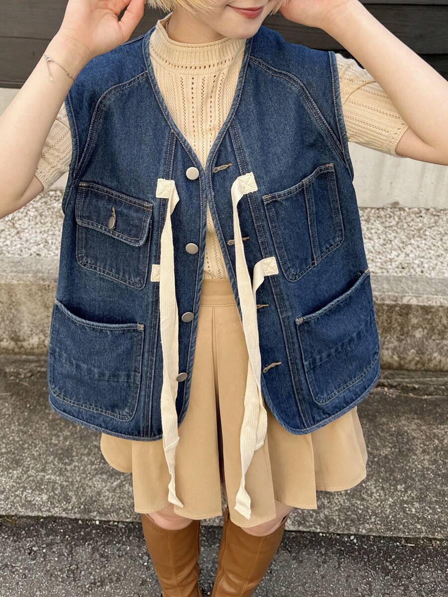 FRIFUL Women Denim Jacket And Coat With Drawstring, Petite - Medium Wash - View 1