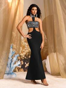 Glamrae Elegant And Gorgeous Black Hand-Made Special-Shaped Rhinestone Decoration Stand Collar Waist Hollow Design Fishtail Bandage Dress, Suitable For Date Night Formal Occasions Dinner Dress, Party Dress, Wedding Guest Dress, Gown, For Evening - Black - View 2