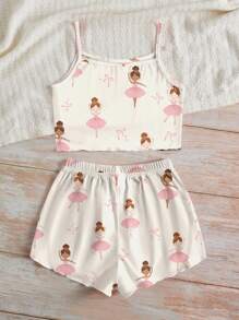 SHEIN Jonge meisjes strik & ballerina grafische casual camisole top & shorts loungewear set, geschikt voor de zomer