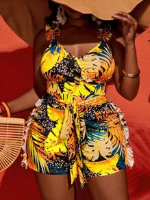 Slaydiva Plus Size Women 2pcs/Set Tropical Plant Print Ruffled Strap Cropped Top And Tie Waist Flare Hem Shorts Summer Holiday Outfit