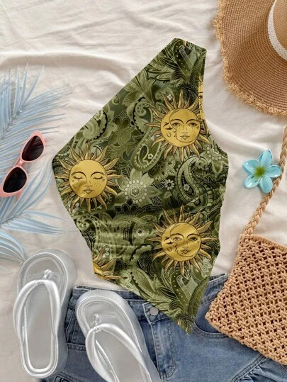 Soleia Top de tirantes verde con estampado de sol para mujer, casual y minimalista, apto para el verano