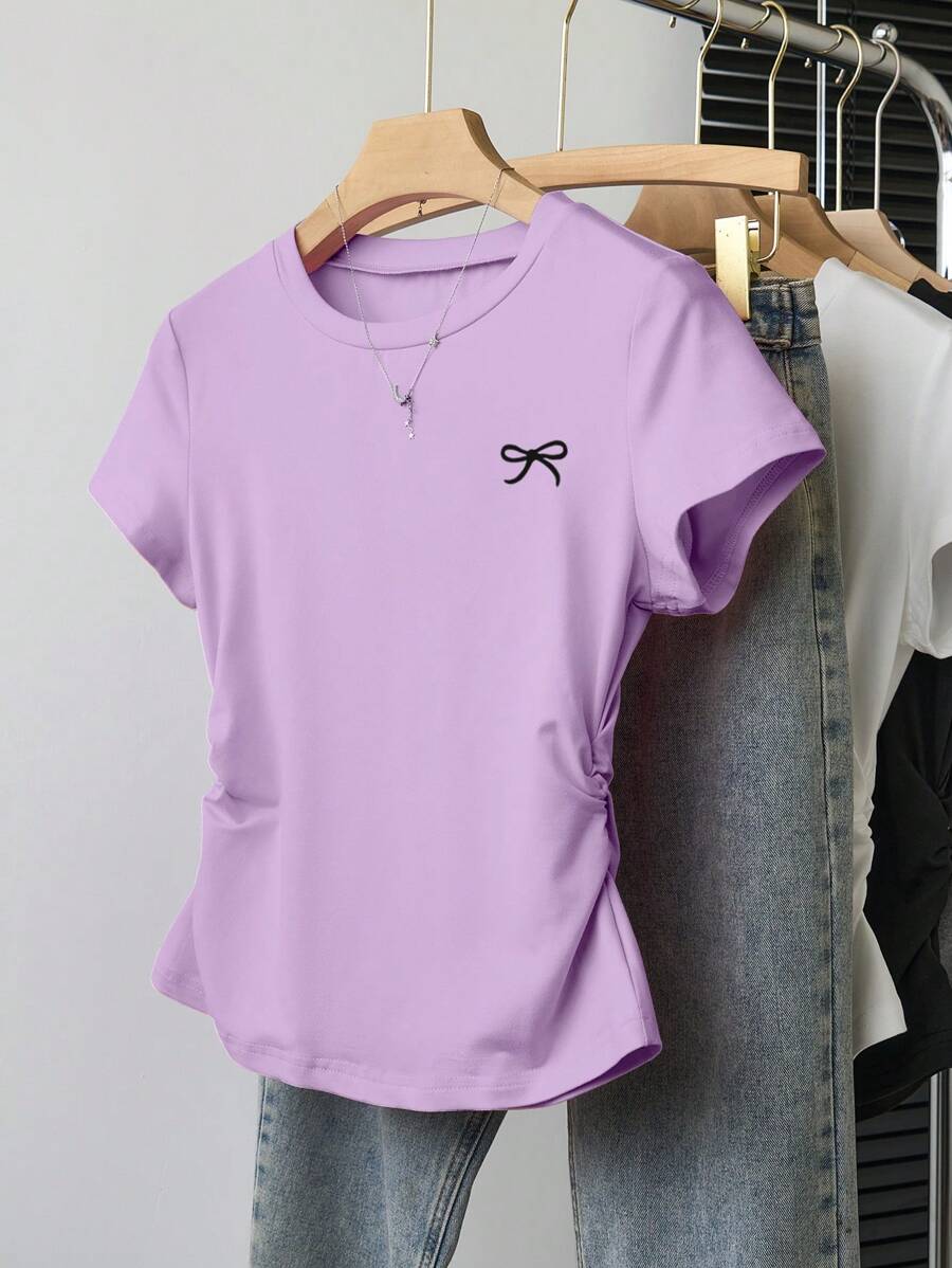 Tween Girls Casual Multi-Purpose Simple Bow Decor Print Short Sleeve T-Shirt - Mauve Purple - View 1