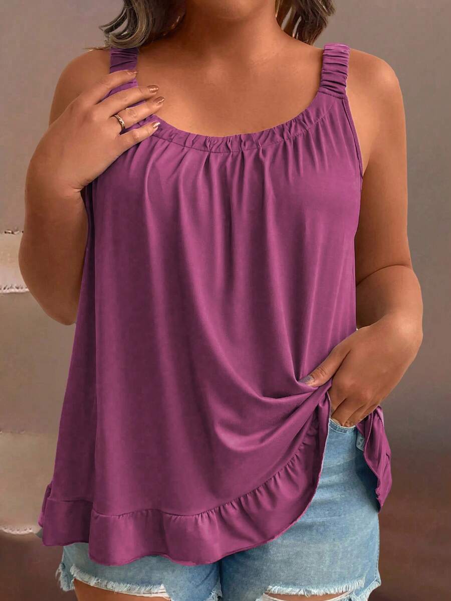 EMERY ROSE Plus Size Women Plain Color Pleated Casual Loose Camisole - Red Violet - View 1