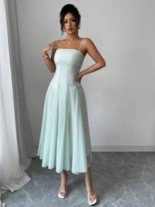 Firerie Vestido midi con volantes, cuello cuadrado y tirantes con drapeado, en color verde claro. Elegante para el Día de San Valentín, boda, cita, vacaciones