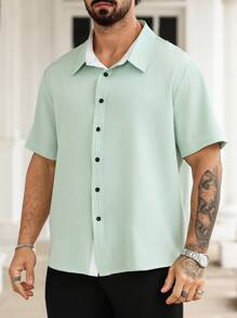 Manfinity Homme Plus Size Men's Solid Color Fashion Casual Shirt, Suitable For Summer - Green - View 5