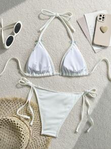 Swim Mod 2pcs/Set Women's Swimsuit,White Textured Triangle Halter Top,Blue Ribbon Floral Trim Sweet Cute Teenage Girl Bikini Set For Summer,Pool Party,Holiday - White - View 8