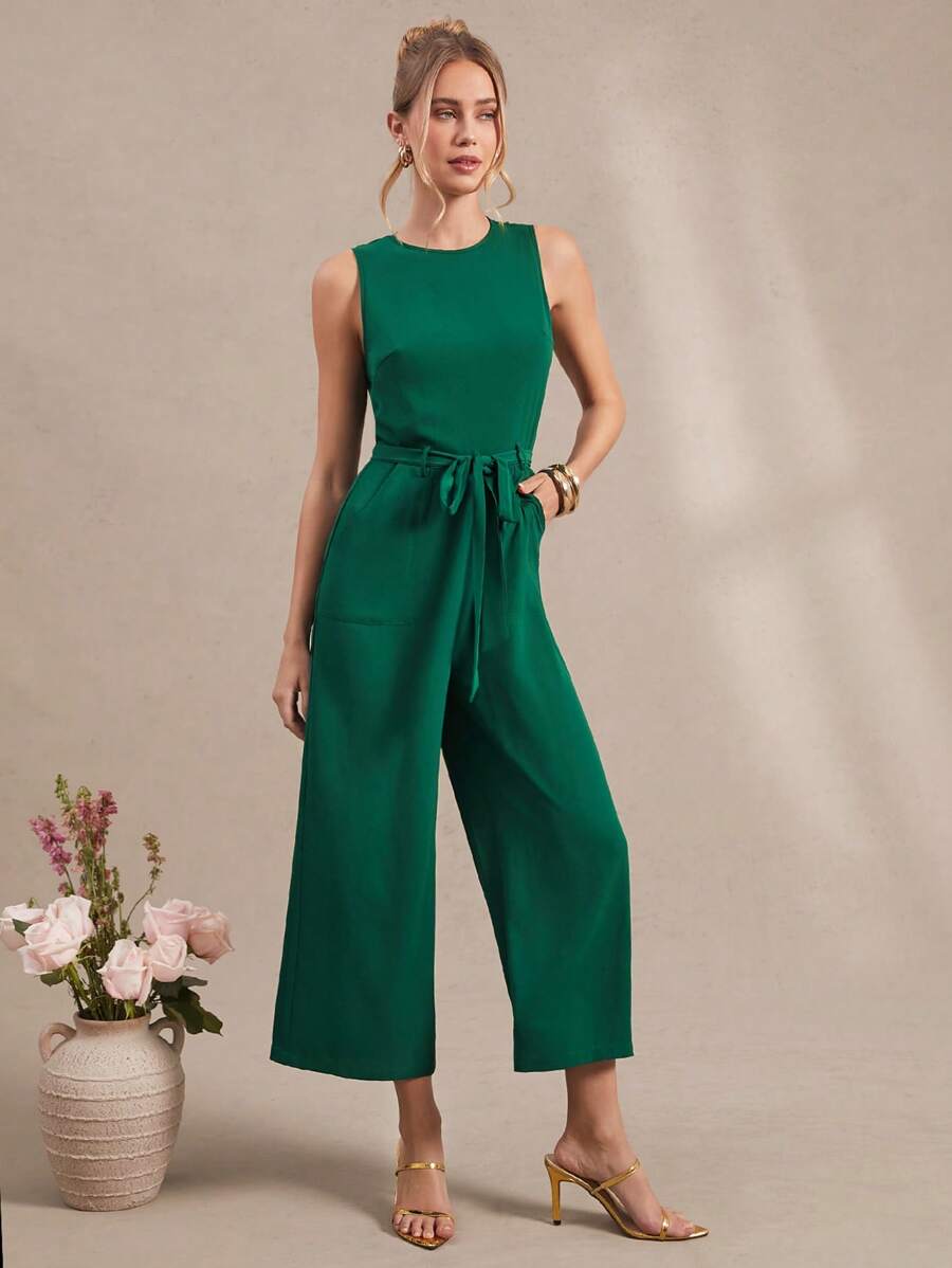 SHEIN Clasi 女士优雅圆领亚麻舒适口袋连体裤（含腰带）女士夏季服装度假服装女士复活节连体衣女士紧身衣度假连体裤