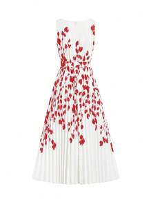 Ellevyn Rochie midi, elegantă, cu gât rotund, plisată, albastră, cu imprimeu floral, rochie slim de vacanță și de Ziua Îndrăgostiților, primăvară/vară - Burgundia - Vizualizare 10