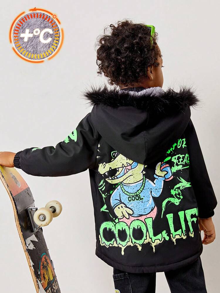 Young Boy Casual Comfortable Fashionable Simple Soft & Practical Warm Plush Lining Hooded Jacket With Contrasting Colors, Fuzzy Trim And Back Straps, Featuring Street Style Graffiti Alligator Design, Suitable For Autumn And Winter