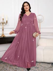 Modelyn Plus Size V-Neck Solid Color Long Sleeve Dress, Fashionable For Summer - Dusty Pink - View 1