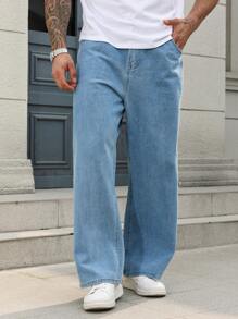 Manfinity Homme Men's Plus Size Light Wash Denim Jeans: Relaxed Fit Zipper Fly Long Length Casual Pants For Everyday Wear - Blue - View 5