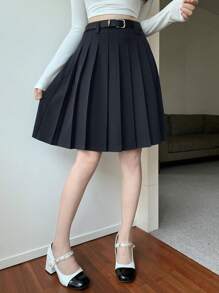 DAZY 女士休闲百搭纯色百褶裙 - 藏蓝色 - 查看 3