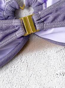 Swim Mod Women's Purple Sparkly High Cut Heart Decor Bandeau Bikini Set For Summer Beach Vacation - Purple - View 4