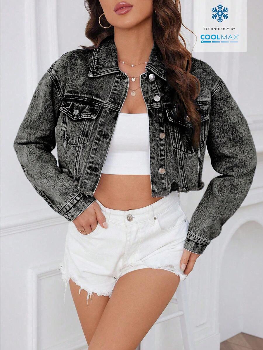 SHEIN ICON Distressed Washed Short Plain Front Button Long Sleeve Denim Jacket - Grey - View 1