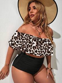 Swim Lushoire 2 件套大码女式豹纹露肩高腰比基尼泳装 - 彩色 - 查看 4