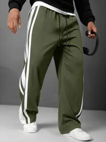 Manfinity Homme Pantalones rectos con rayas laterales, bolsillos y cintura con cordón para tallas grandes