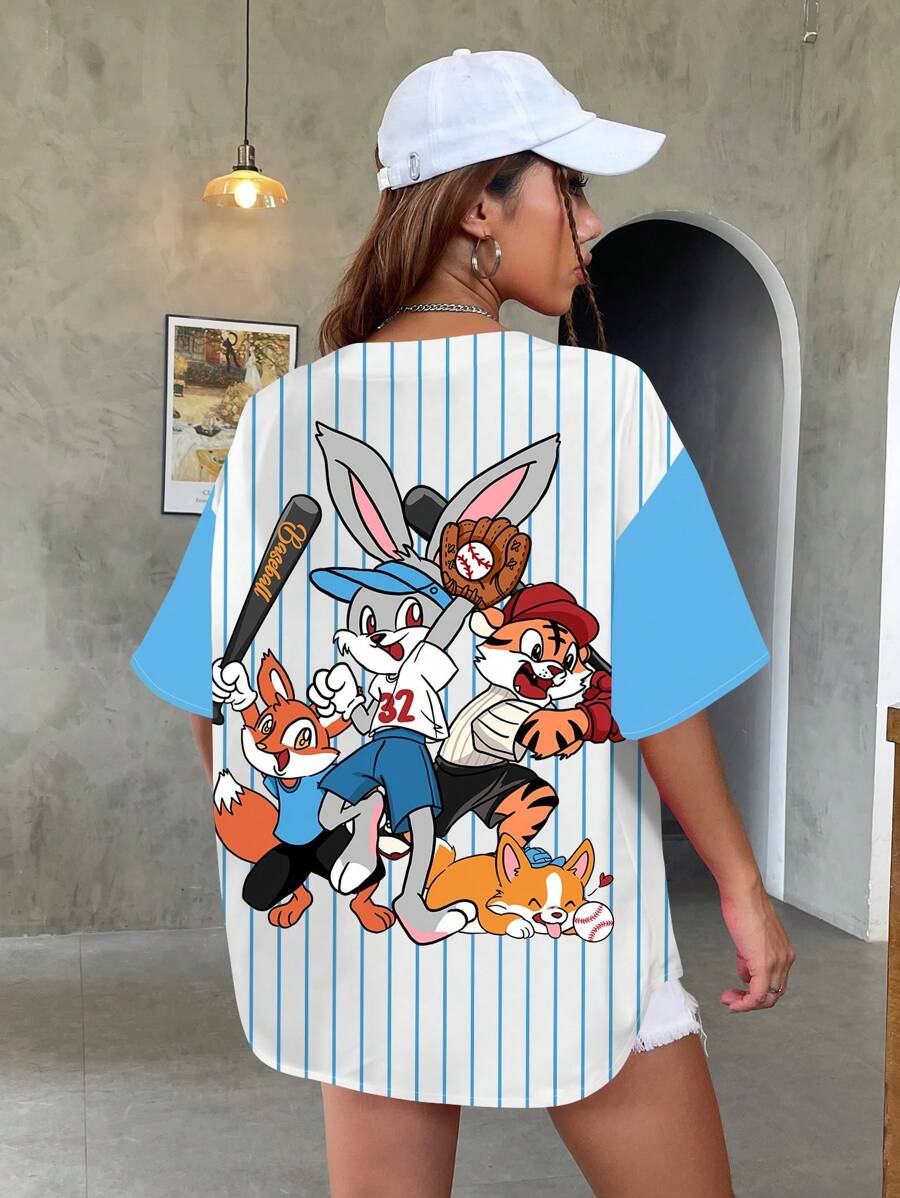 SHEIN EZwear 可爱兔子、狐狸、老虎、小狗卡通图案棒球风格拼色运动夹克，女式宽松前开短袖衬衫，适合夏季和运动季节 - 彩色 - 查看 1