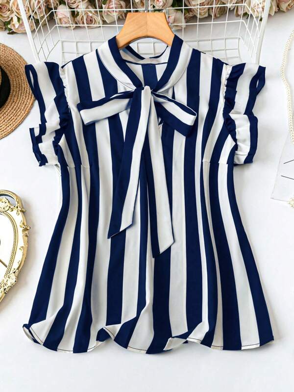 DreamSkyne Plus Size Casual/Commuting Black & White Striped Short Cap Sleeve Tie Design Collar Blouse