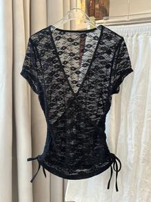 INAWLY T-shirt d'été sexy et transparent en dentelle pour femmes, avec cordon de serrage sur le côté