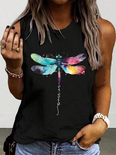 INAWLY Plus Size Women's Colorful Dragonfly Print Casual Tank Top Graphic Tees Women Tops