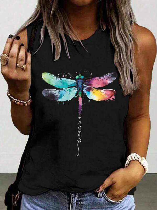 INAWLY Plus Size Women's Colorful Dragonfly Print Casual Tank Top Graphic Tees Women Tops