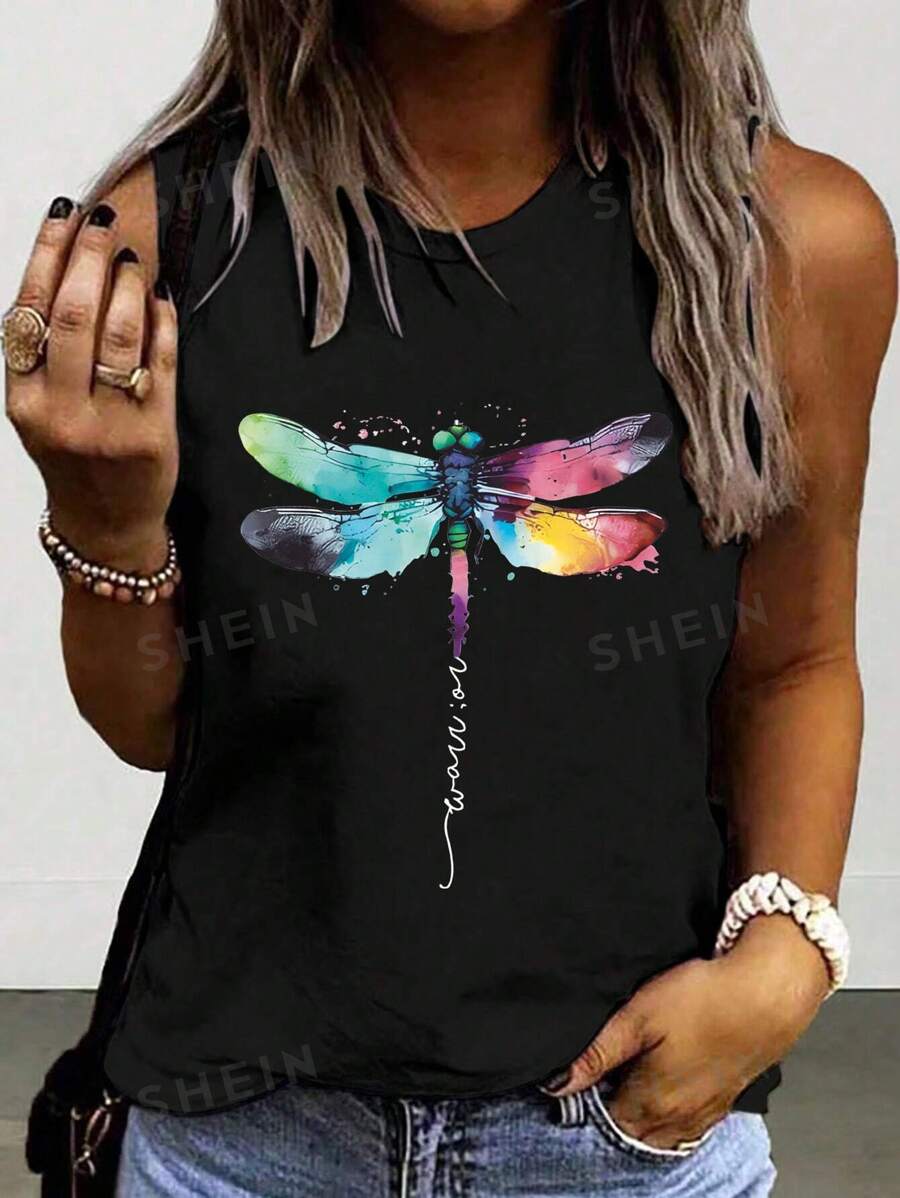 INAWLY Camiseta sin mangas casual con estampado de libélula de colores para mujer de talla grande