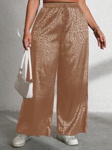 Flirla Plus Size Casual Leopard Jacquard Wide Leg Pants