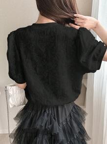FRIFUL Women's Round Neck Puff Sleeve Loose Colorblock Splice Shirt - Black - View 2