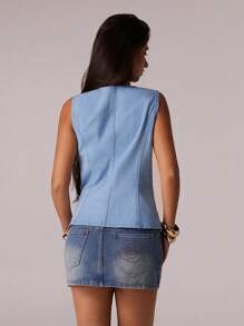 Avantive Áo ba lỗ denim cổ tròn không tay giặt nhẹ mùa hè mới thoải mái cho nữ - Rửa nhẹ - Xem 2