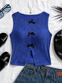 Soleia Casual Colorblock Bowknot Open Vent Tank Top, Simple & Fashionable Design Suitable For Summer - Royal Blue - View 3