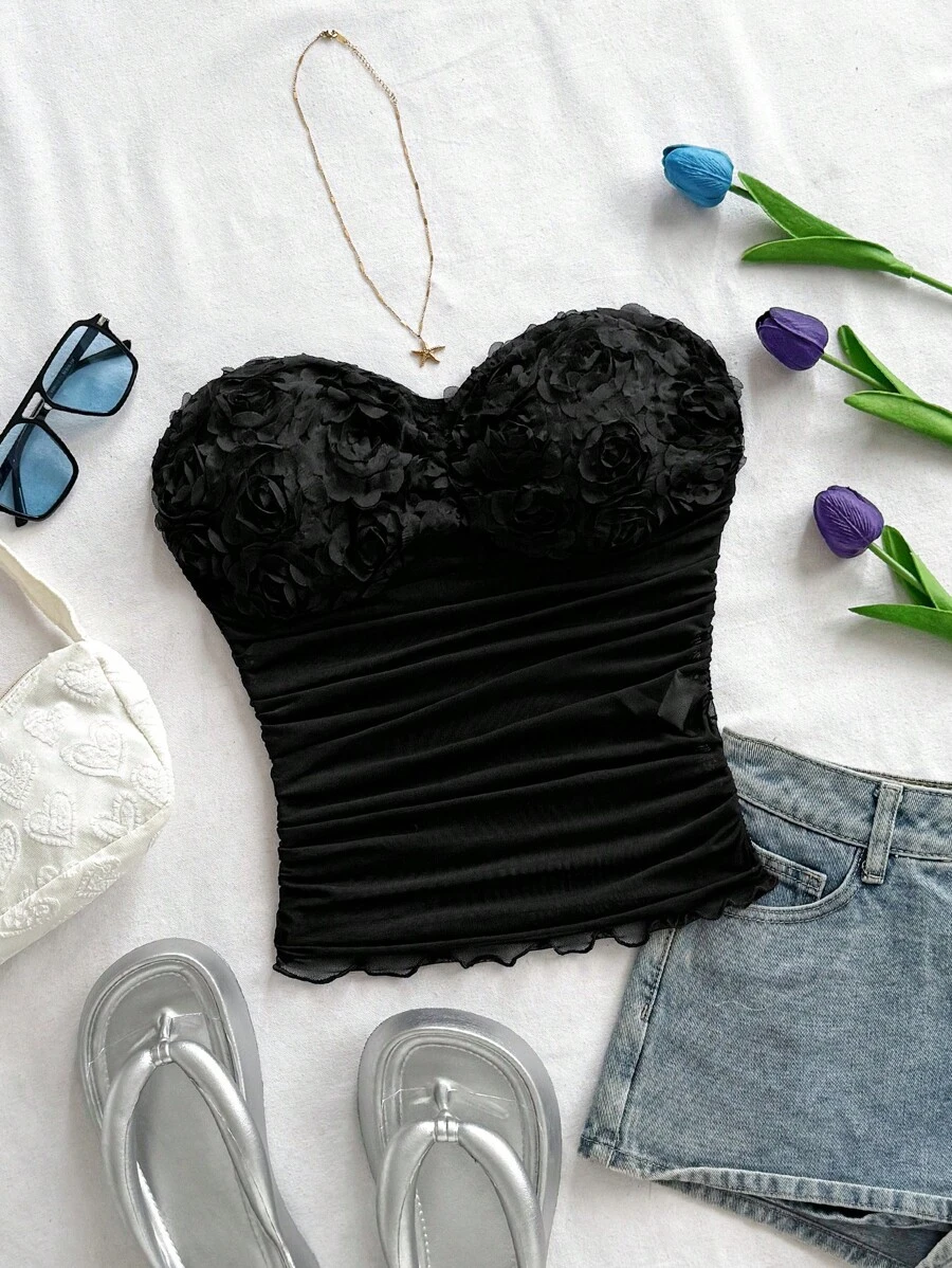 Soleia 女士纯黑色褶饰3D玫瑰抹胸短款抹胸情人节夏季 - 黑色 - 查看 1