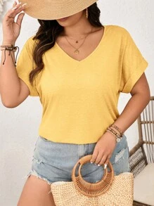 SHEIN Frenchy 大码女式 V 领 T 恤，带向日葵和蕾丝拼布后背设计 - 黃色 - 查看 4