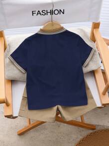 2pcs Kids Boy Casual Cute Cartoon Bear Polo Shirt & Khaki Shorts Knitwear Set, Versatile For School, Garden, Beach, Birthday, Spring, Summer, Autumn, Winter - Navy Blue - View 2