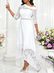 SHEIN Lady Vestido largo elegante de mujer con cuello asimétrico de encaje en contraste para el verano