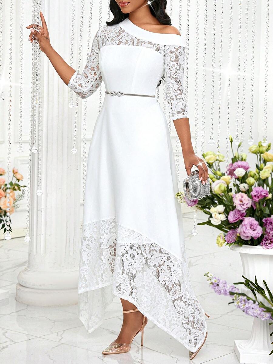 SHEIN Lady Vestido largo elegante de mujer con cuello asimétrico de encaje en contraste para el verano