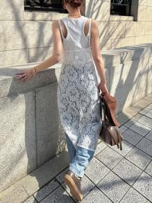 FRIFUL 女士圆领无袖蕾丝连衣裙，夏季度假生日派对长裙 - 白色 - 查看 5