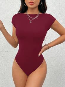 SHEIN PETITE 女款純色圓領連袖連身衣，適合嬌小女性 - 酒紅色 - 查看 2