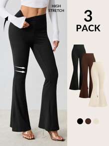 SHEIN Tall Women's Basic Three Pieces Solid Color Waist Tight And Flared Trousers Suit Suitable For All Seasons - Multicolor - View 2