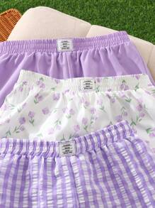SHEIN Bé gái được 1 tặng 2 tặng 3 tặng miễn phí/Bộ, Màu tím trơn + Sọc caro tím + Hoa tulip, Logo dệt, Quần short cạp chun chi tiết, Thường ngày ở nhà, Mùa xuân và mùa hè - Màu tím - Xem 5