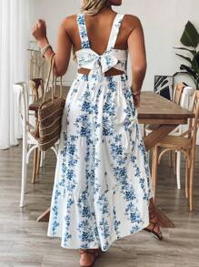 SHEIN Holidaya Plus Size Women Blue & White Print Waist Shaping Vacation Daily Casual Commuter Strap Midi Dress