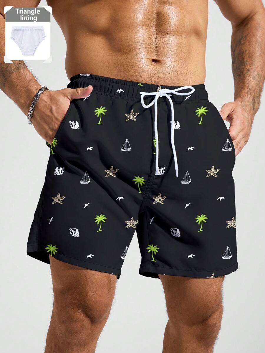 Manfinity KASUA Men's Palm Tree Print Drawstring Waist Casual Beach Shorts Man Swim Trunks - Black - View 1