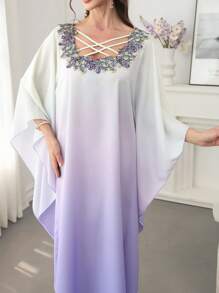 SHEIN Najma 女士宽松休闲渐变色连衣裙，适合日常、度假和派对穿着，朴素的长袍 - 紫色 - 查看 3