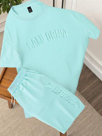 Claim Dot Plus Size Men's Embossed Crew Neck Short Sleeve T-Shirt And Drawstring Waist Shorts Set