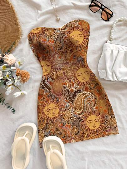 Soleia Women's Holiday Casual Cashew & Smiling Face Print Strapless Mini Dress,Summer Dresses For Women Chic Dress