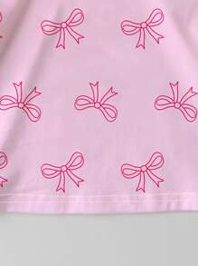 SHEIN Cute Sweet Pink Bow Printed Casual Minimalist Baby Girl Short Sleeve Round Neck Top, Suitable For Summer - Multicolor - View 6