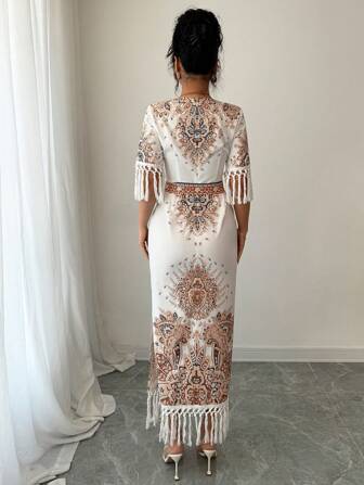 Rafferiza 女式圆领侧开衩下摆印花长裙