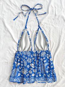 Soleia Women's Coconut Island Retro Paisley Bohemian Style Floral Print Casual Halter Backless Beach Tank Top, Suitable For Summer - Blue - View 2