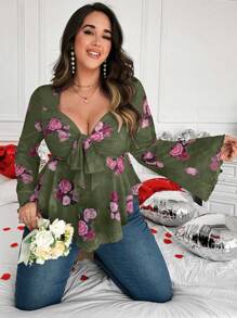 Calvaya 大码女式情人节花朵印花系带长袖修身休闲 T 恤