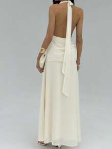 Aloruh 杏色新款露背性感优雅长款雪纺连衣裙，搭配系带和深 V 领，适合度假、夏季 - 杏色 - 查看 2