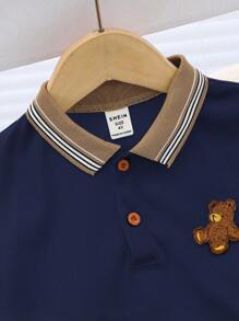 2pcs Kids Boy Casual Cute Cartoon Bear Polo Shirt & Khaki Shorts Knitwear Set, Versatile For School, Garden, Beach, Birthday, Spring, Summer, Autumn, Winter - Navy Blue - View 4